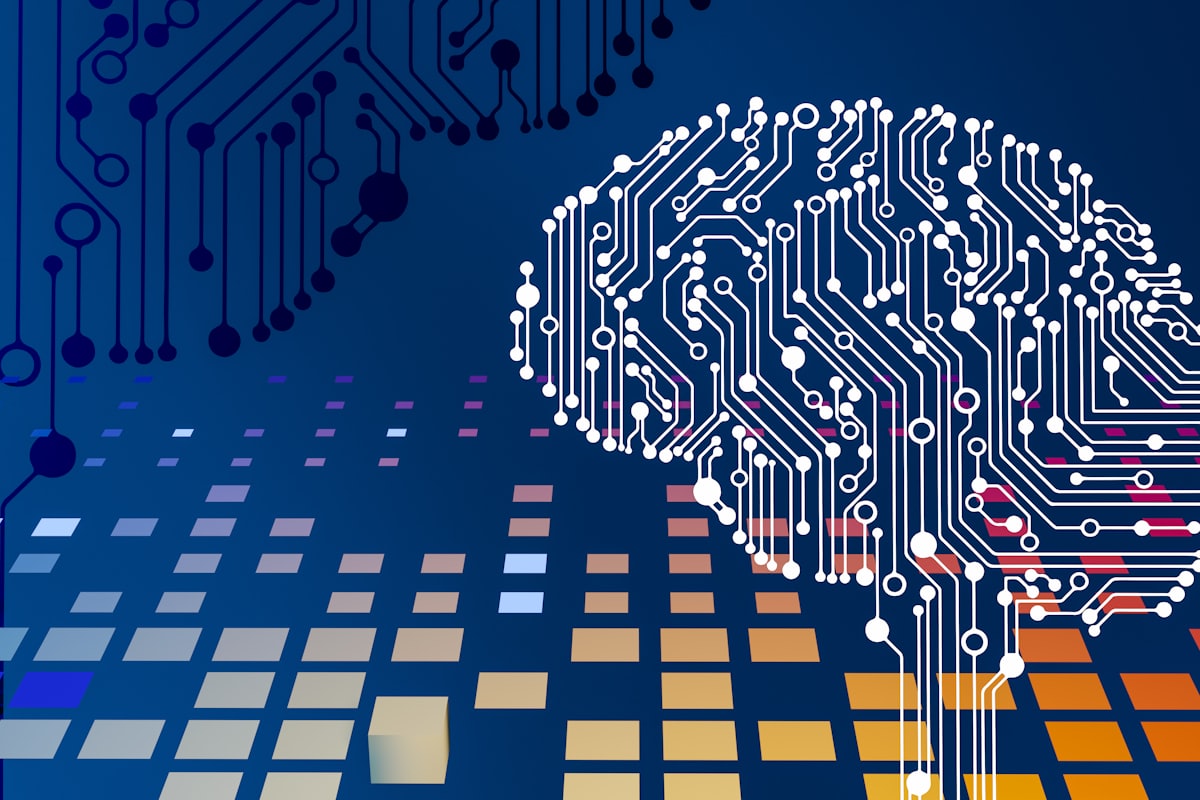 Circuit board overlaid with a brain diagram